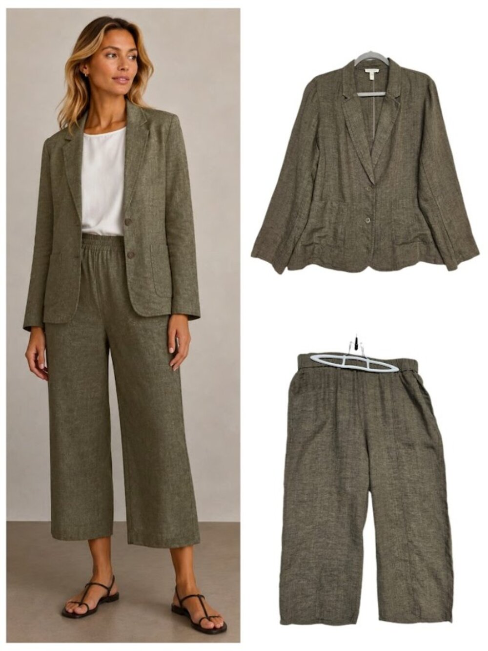 Eileen Fisher *SET* Linen Notch Collar Shaped Blazer Linen Pants Olive Green M/L